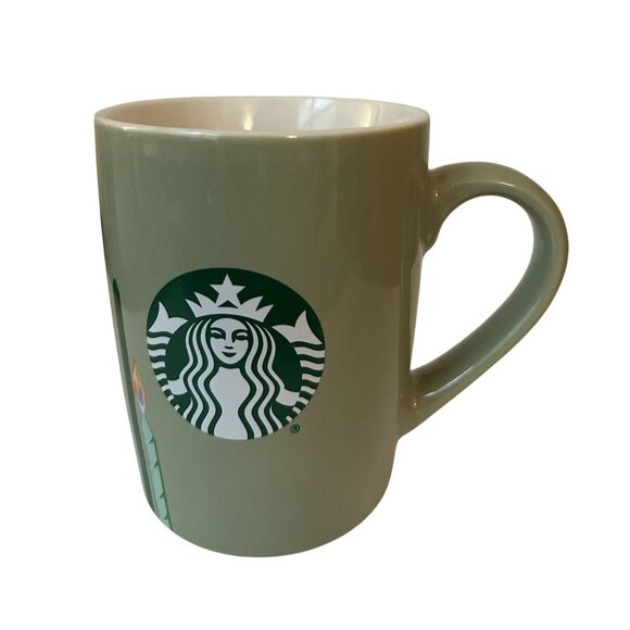 Starbucks Olive Green Mug 10 Oz With Cactus Candle Design & White Interior - Picture 1 of 4